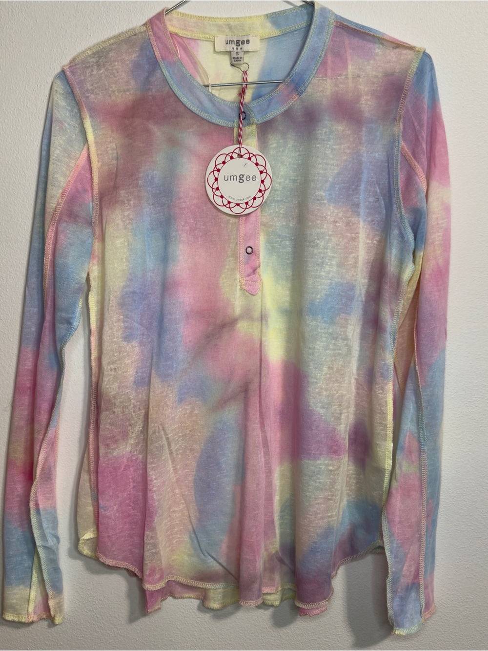 Umgee Pastel Tie-Dye Long Sleeve Henley Top - Pink Blue Yellow Cream